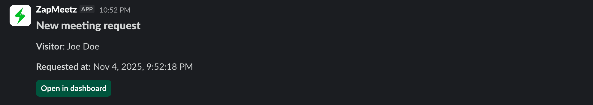 Screenshot of a ZapMeetz meeting alert in Slack